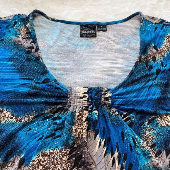 Claudia EV Scoop Neck Long Sleeve  Blue, Brown And Cream Design Size Large - Picture 3 of 10